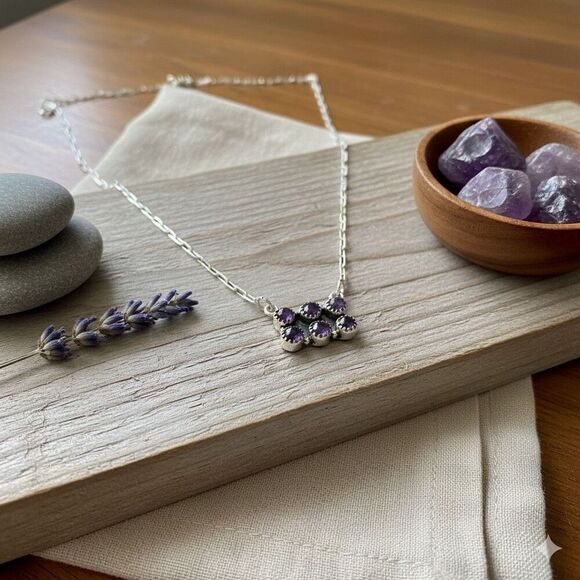 Dainty Amethyst Gemstone Bar Paperclip Necklace in Sterling Silver Adjustable - Picture 3 of 5